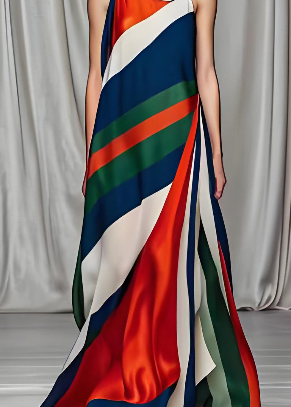 Boho Colorblock Cold Shoulder Draping Silk Long Dresses Sleeveless