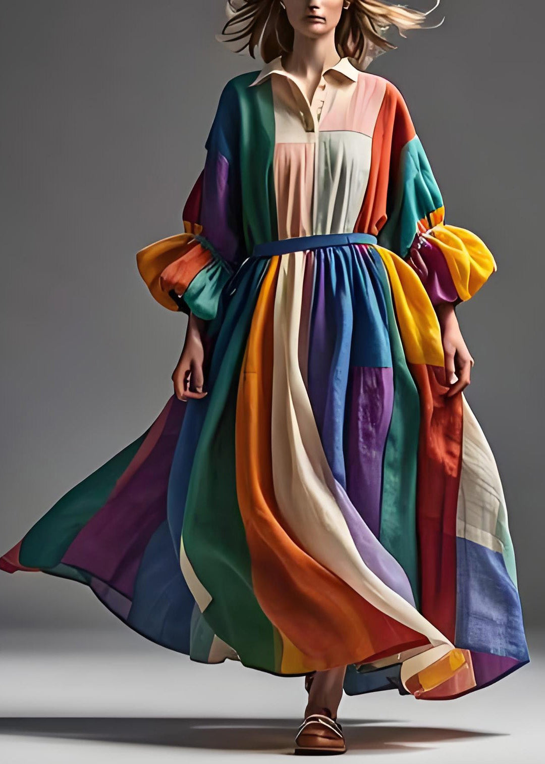 Boho Colorblock Peter Pan Collar Patchwork Cotton Dress Lantern Sleeve