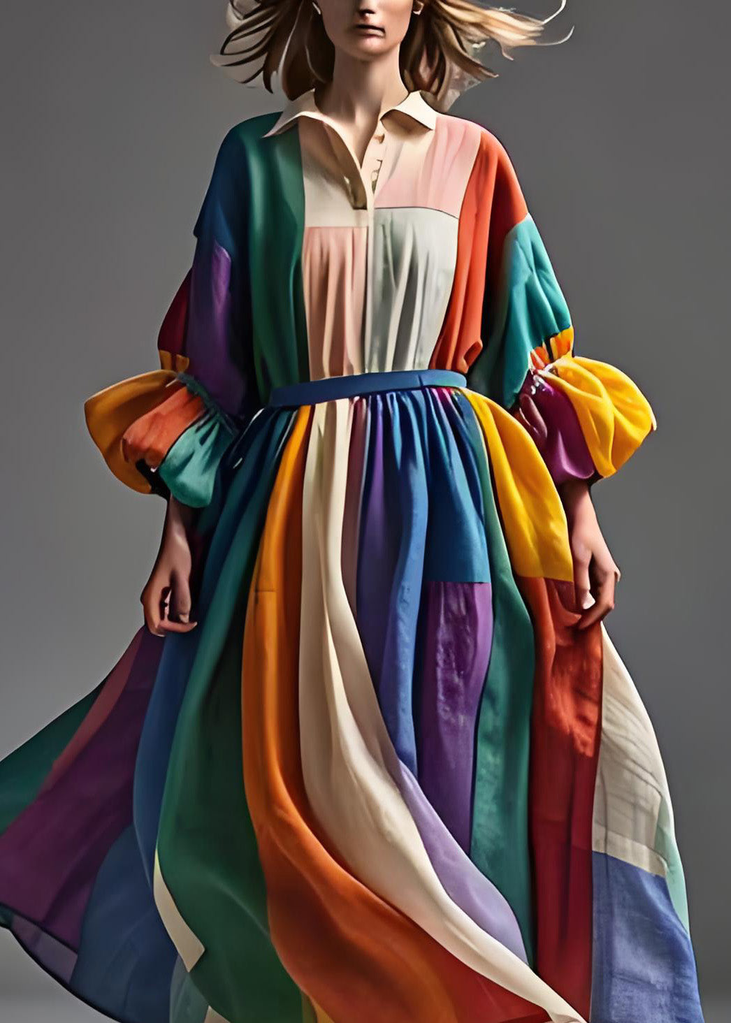 Boho Colorblock Peter Pan Collar Patchwork Cotton Dress Lantern Sleeve