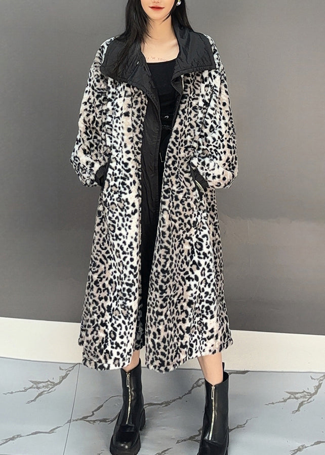 Boho Dark Grey Leopard Patchwork Pockets Long Trench Coat Spring