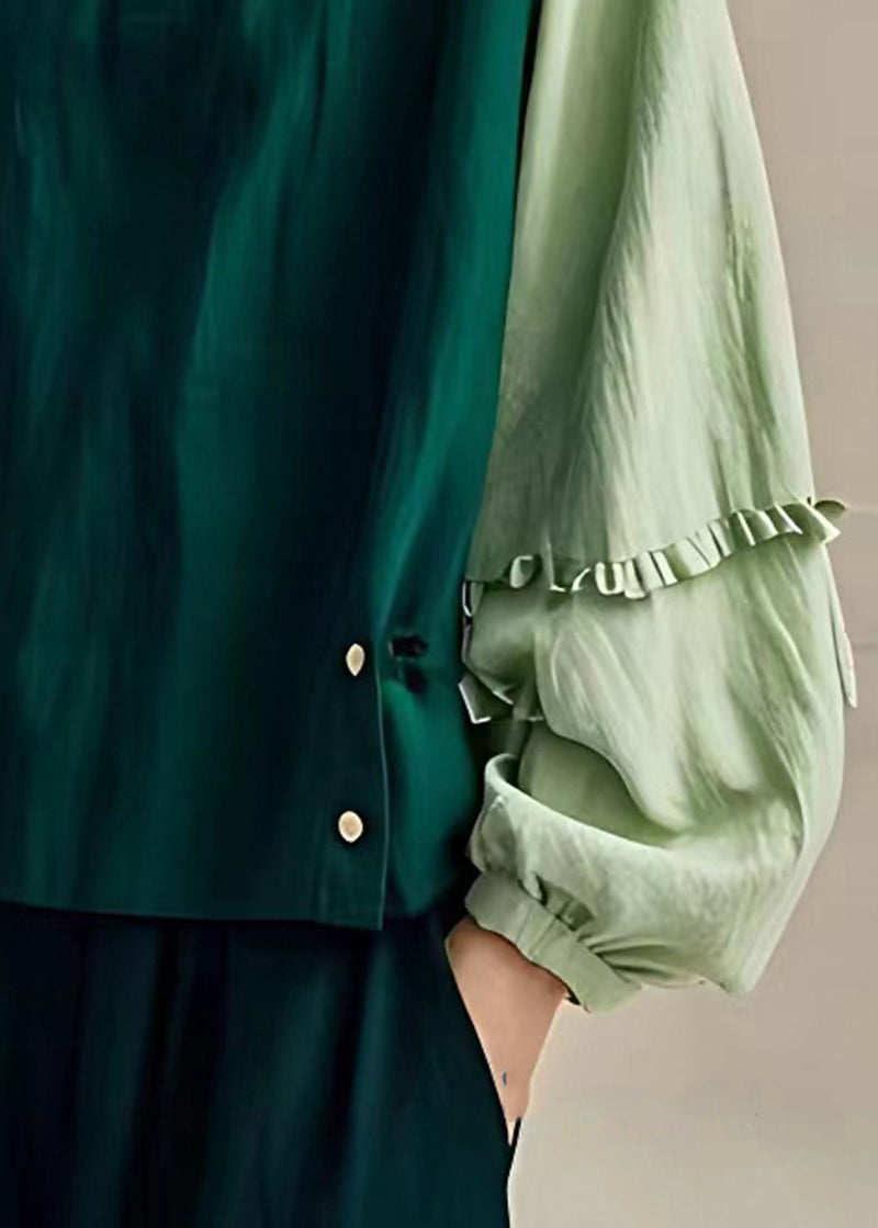 Boho Dull Green Oversized Patchwork Linen Shirts Spring