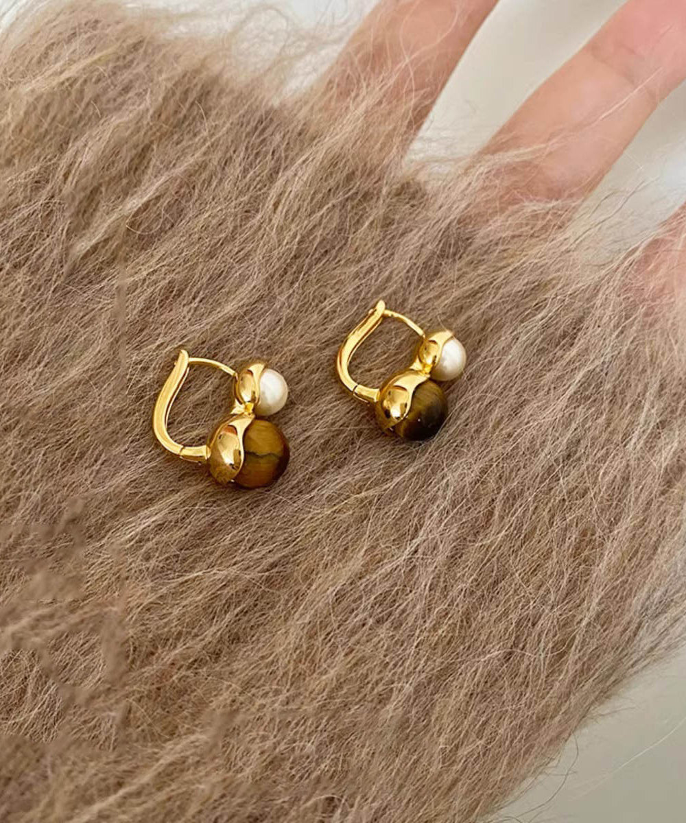 Boho Gold Copper Alloy Cat Eye Stone Pearl Hoop Earrings