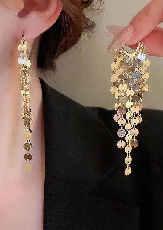 Boho Gold Metal Sequins Tassel Drop Earrings