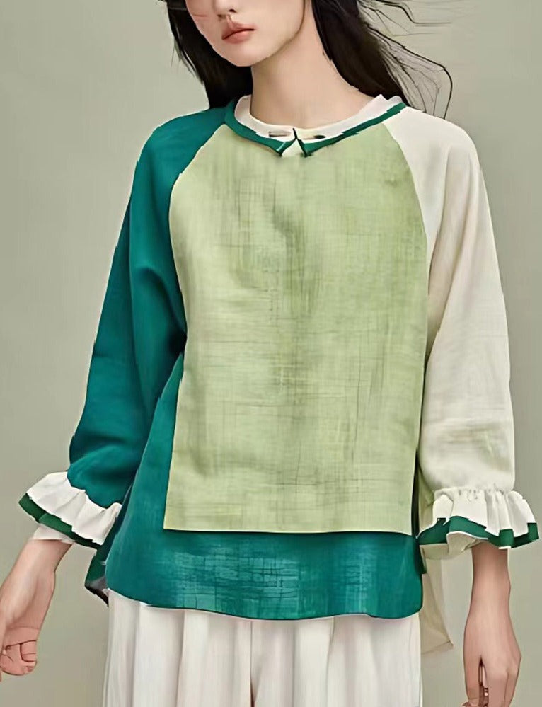 Boho Grass Green Asymmetrical Patchwork Linen Blouse Top Summer