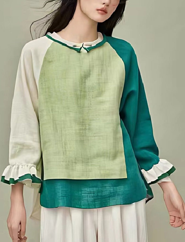 Boho Grass Green Asymmetrical Patchwork Linen Blouse Top Summer