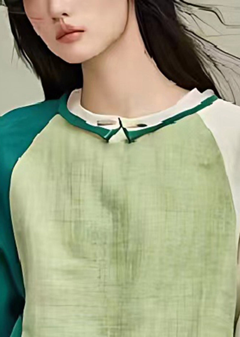 Boho Grass Green Asymmetrical Patchwork Linen Blouse Top Summer