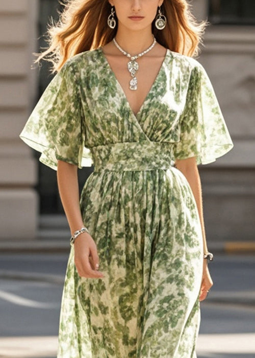 Boho Grass Green Print Chiffon Beach Dress Summer