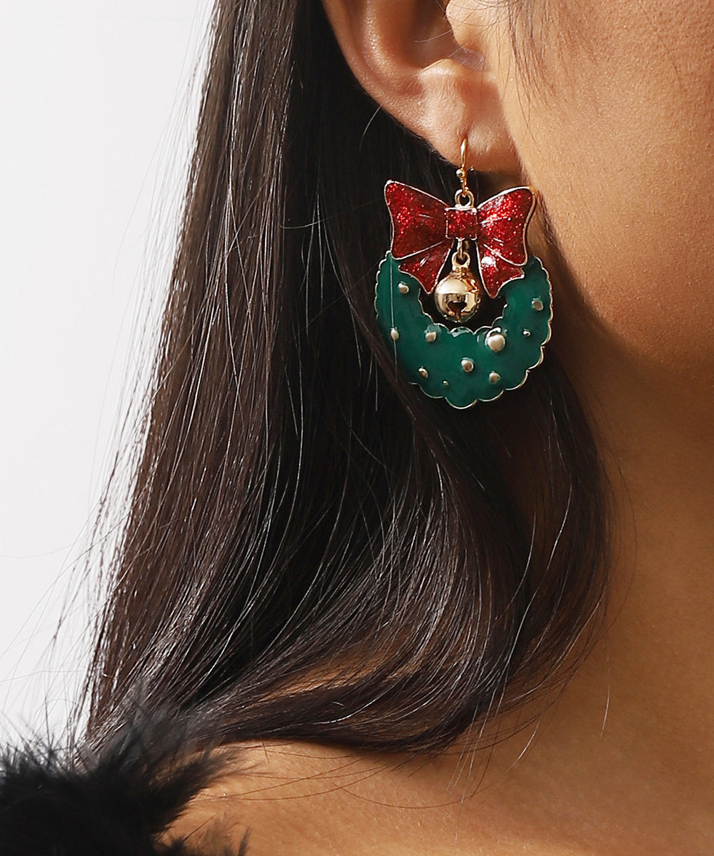 Boho Green Alloy Drip Glaze Bow Drop Earrings