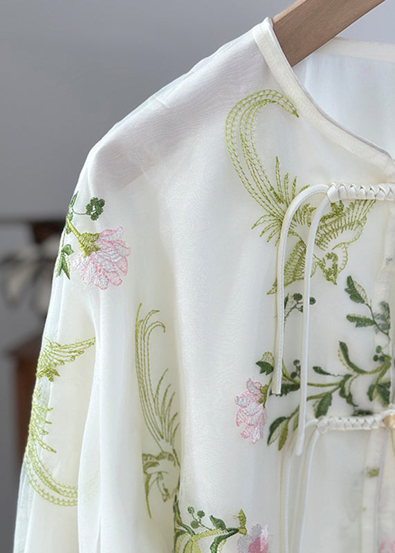 Boho Green Embroidered Button Organza Shirts Fall