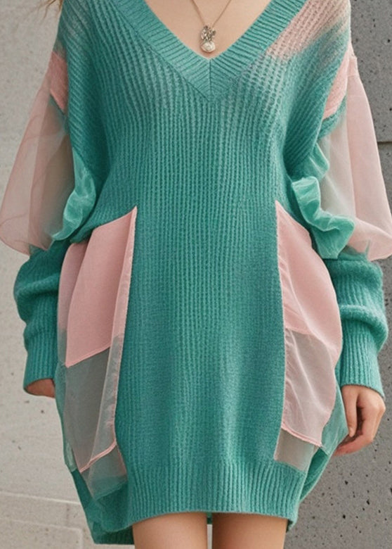 Boho Green Oversized Patchwork Tulle Long Sweater Fall