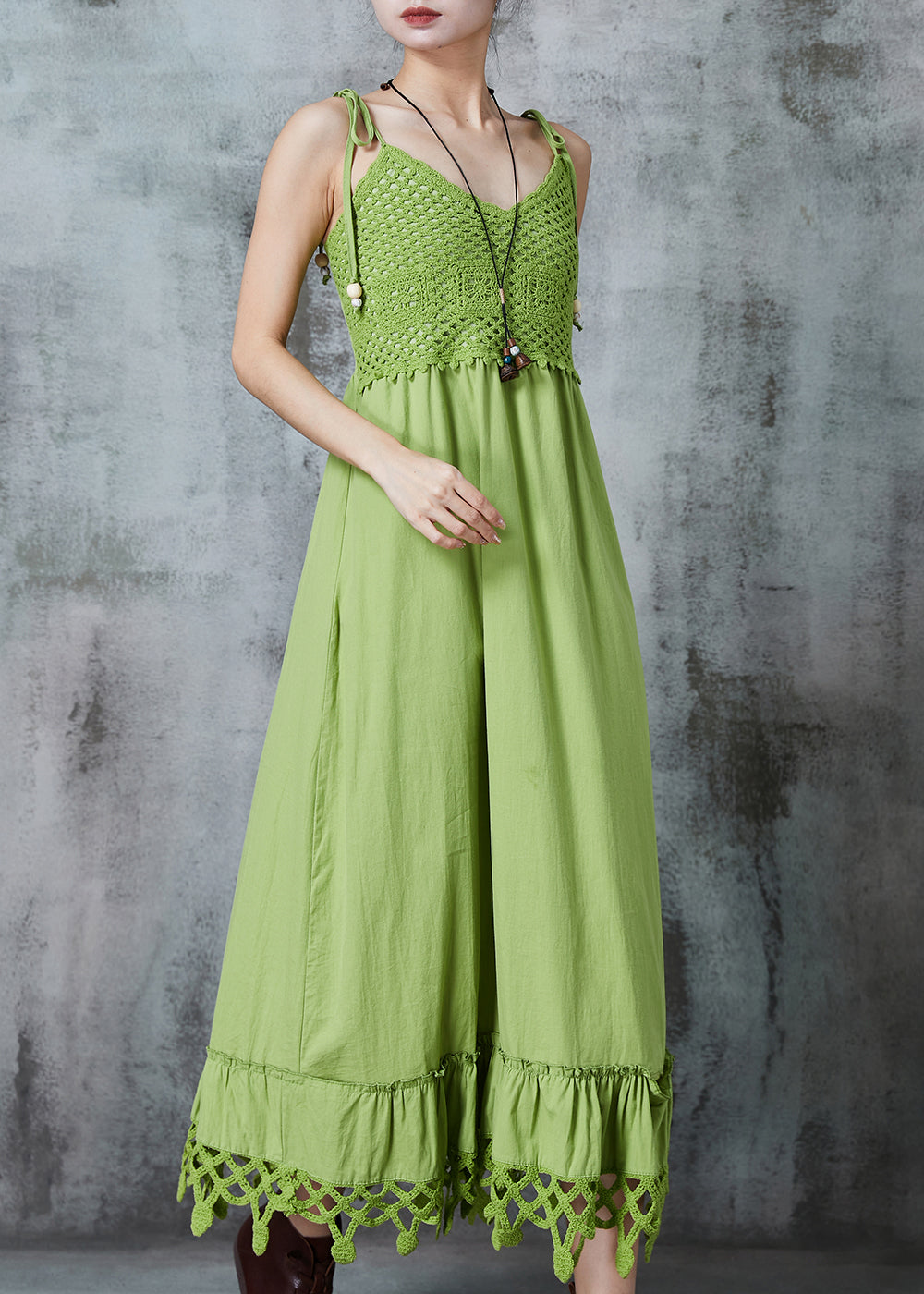 Boho Green Silm Fit Patchwork Cotton Spaghetti Strap Dress Summer