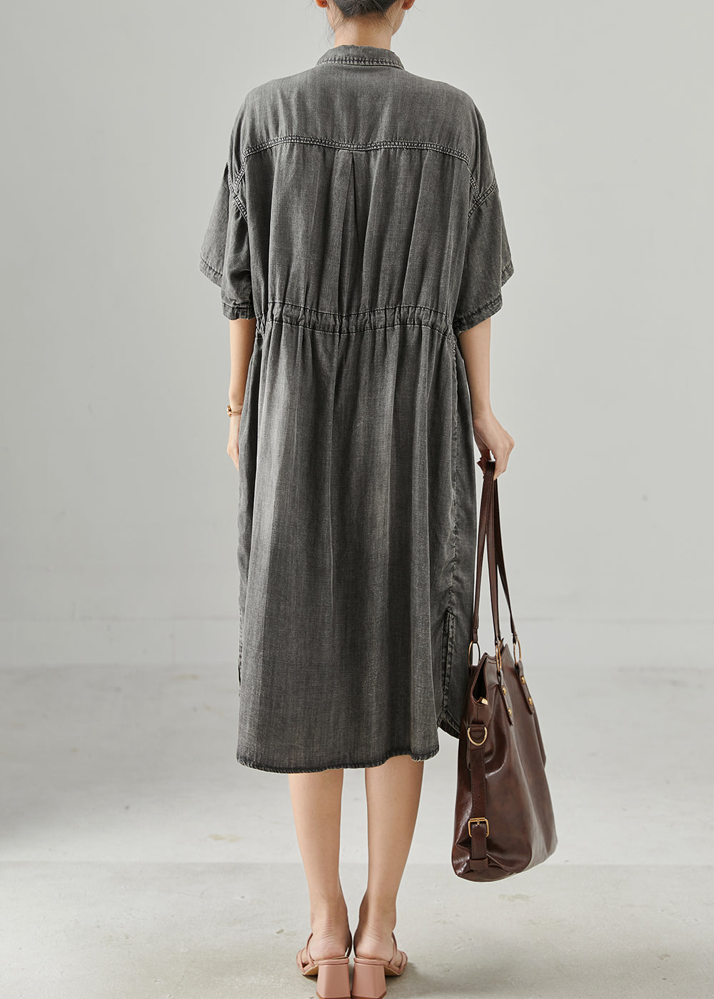 Boho Grey Cinched Denim Holiday Dress Summer