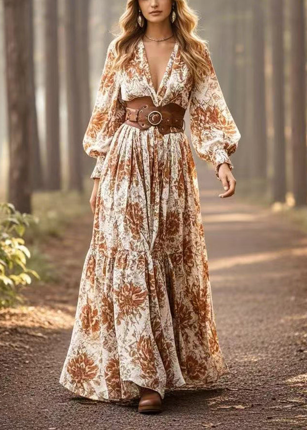 Boho Khaki Cinched Print Cotton Maxi Dresses Spring