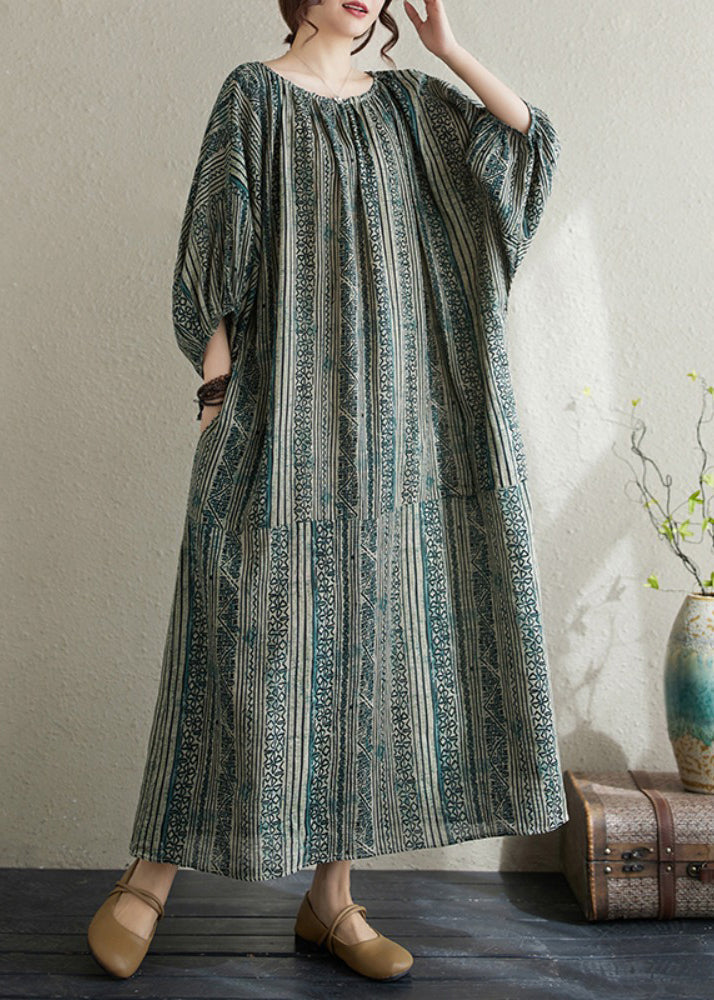 Boho Loose Green O Neck Striped Cotton Long Dress Summer