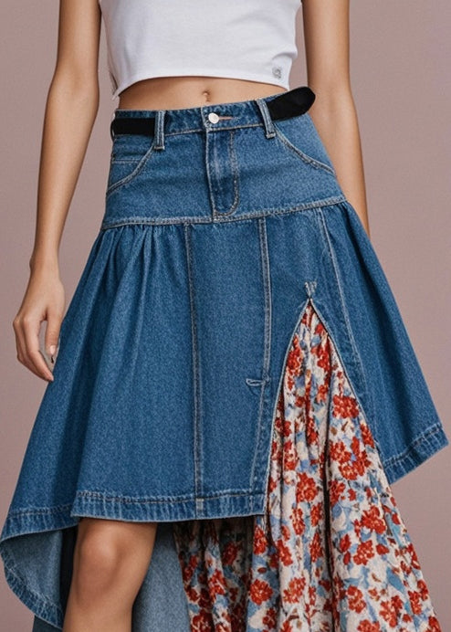 Boho Navy Asymmetrical Patchwork Print Denim Skirt Spring