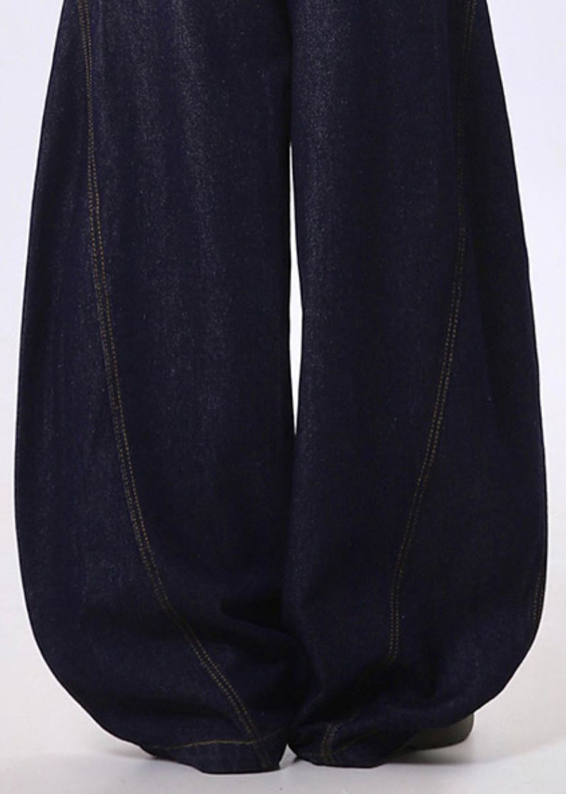 Boho Navy Letter Print Denim Wide Leg Pants Spring