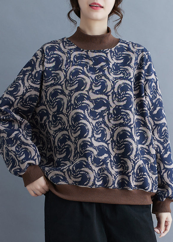 Boho Navy Print Patchwork Warm Fleece Sweatshirt Top Spring