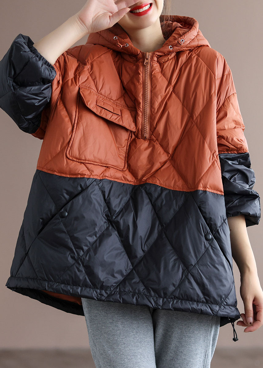 Boho Orange Patchwork Black hooded Loose Winter Down coat