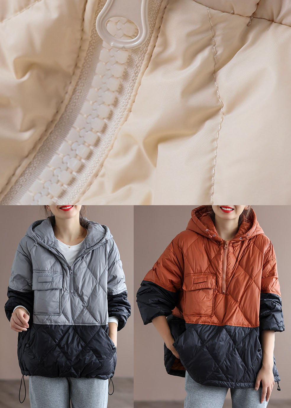 Boho Orange Patchwork Black hooded Loose Winter Down coat