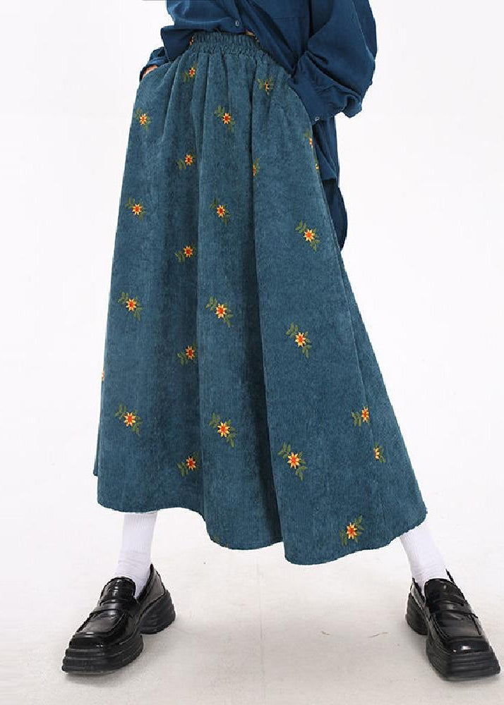 Boho Peacock Blue Embroidered Corduroy Skirts Spring