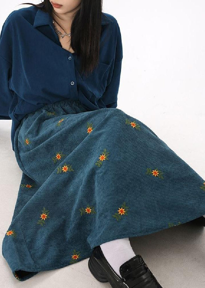 Boho Peacock Blue Embroidered Corduroy Skirts Spring