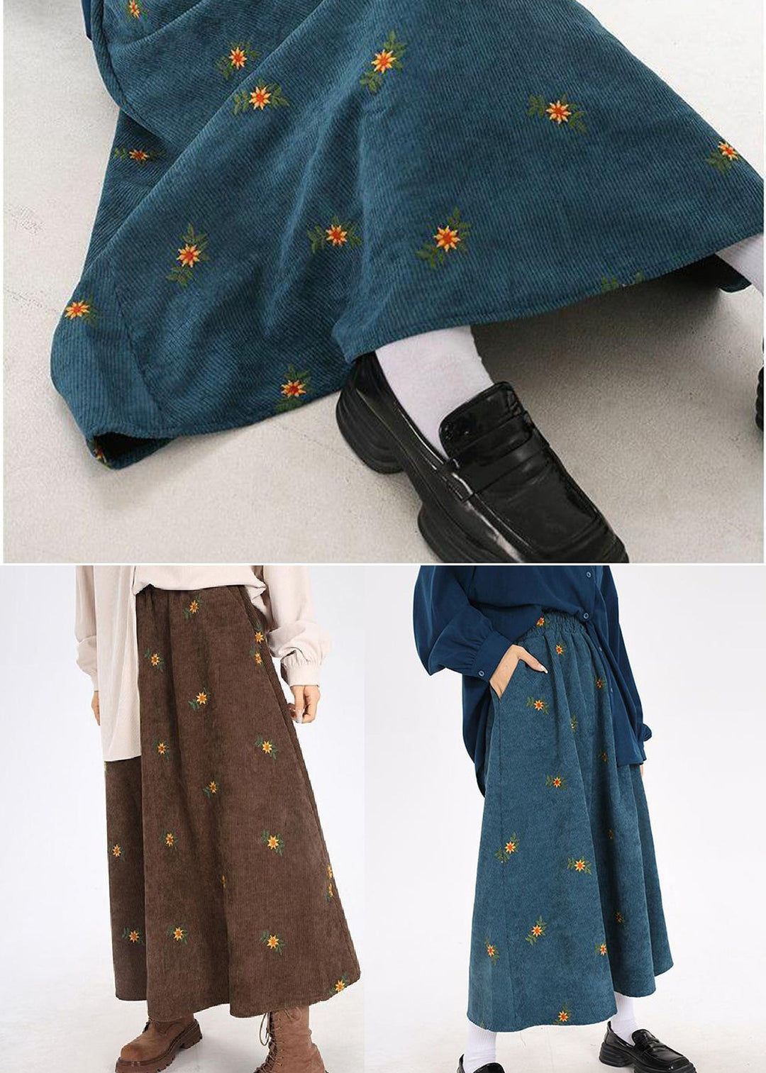 Boho Peacock Blue Embroidered Corduroy Skirts Spring