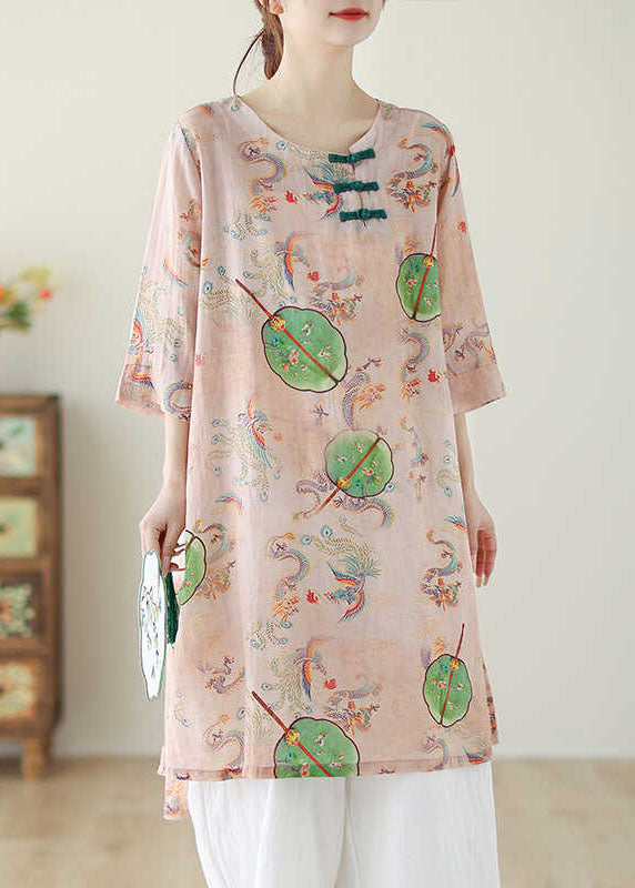 Boho Pink O Neck Print Chinese Button Cotton Mid Dress Summer