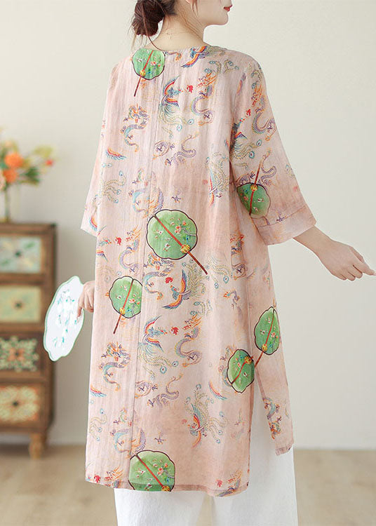 Boho Pink O Neck Print Chinese Button Cotton Mid Dress Summer