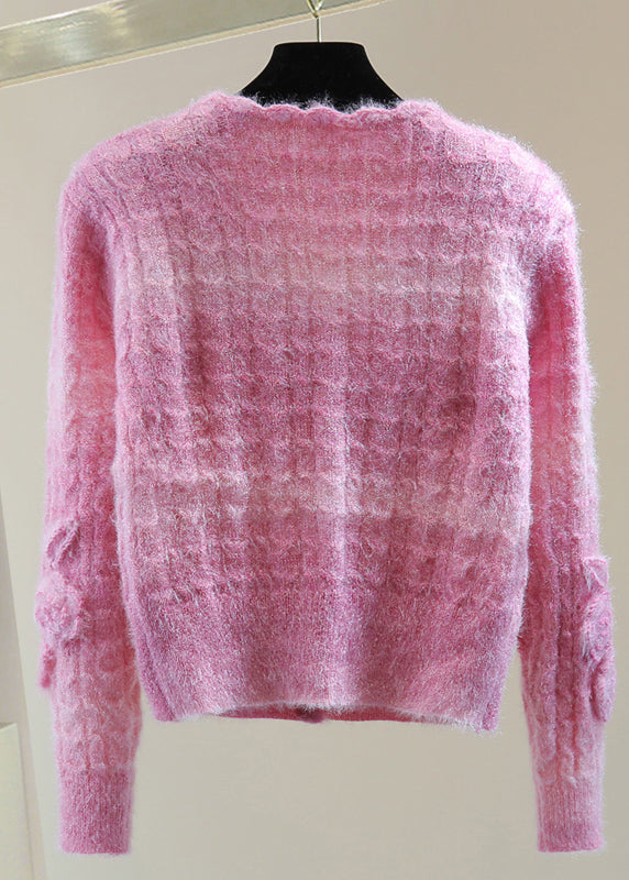 Boho Pink V Neck Floral Zippered Cotton Knit Sweaters Winter