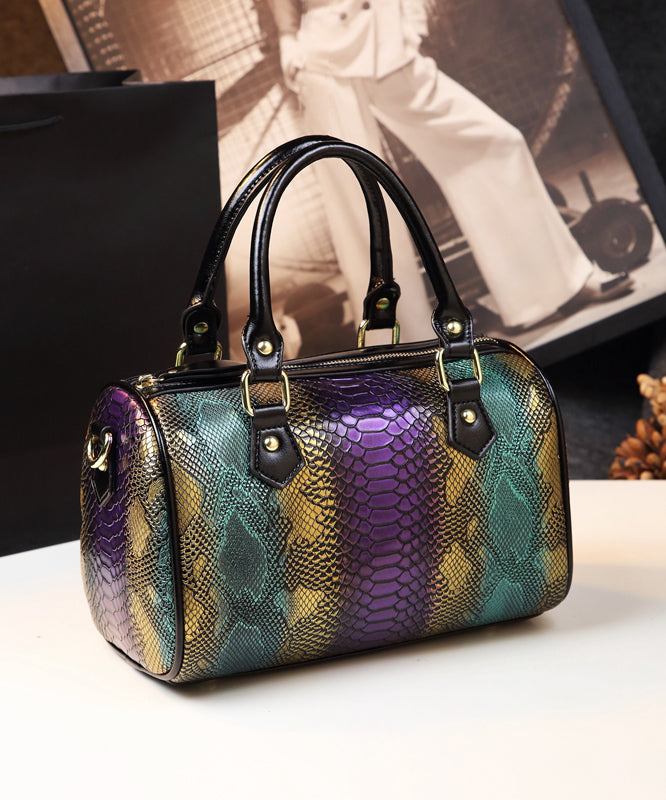 Boho Purple Embossed Durable Calf Leather Tote Handbag