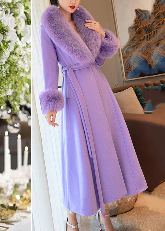 Boho Purple Fur Collar Pockets Tie Waist Wool Maxi Coats Winter