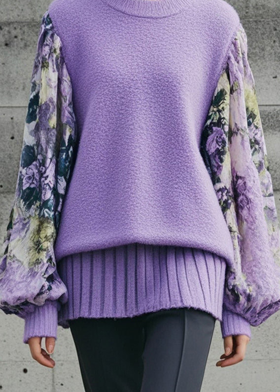 Boho Purple Oversized Patchwork Print Knitted Tops Lantern Sleeve