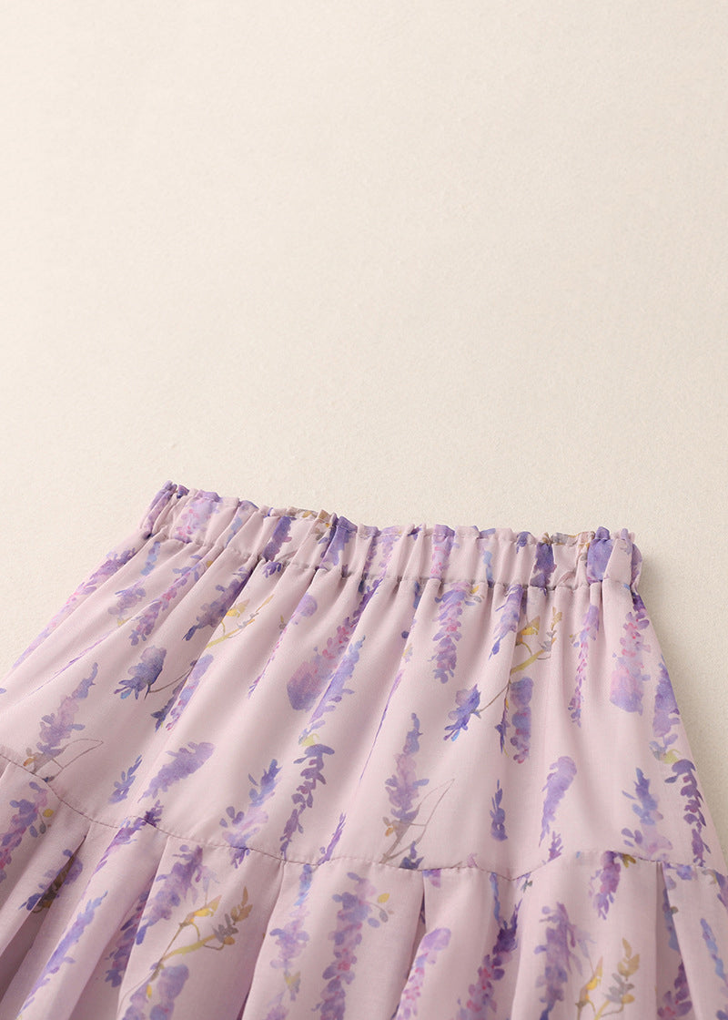 Boho Purple Print Elastic Waist Cotton Skirt Summer