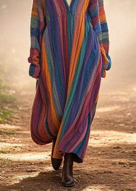 Boho Rainbow Oversized Striped Cotton Long Dresses Spring