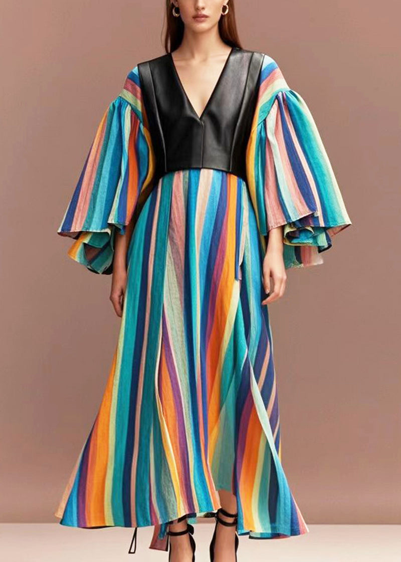 Boho Rainbow Striped Patchwork PU Cotton Maxi Dresses Flare Sleeve