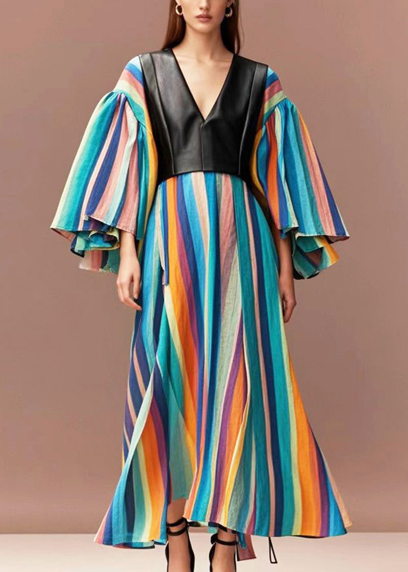 Boho Rainbow Striped Patchwork PU Cotton Maxi Dresses Flare Sleeve