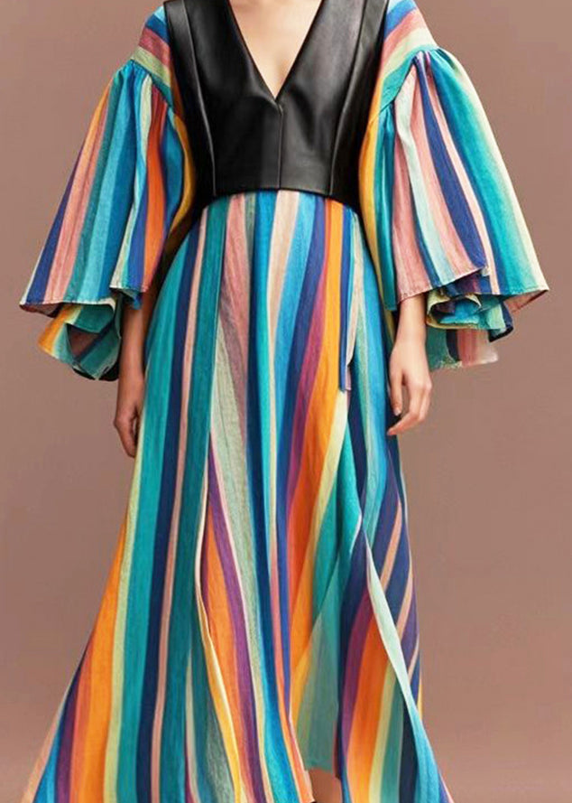 Boho Rainbow Striped Patchwork PU Cotton Maxi Dresses Flare Sleeve