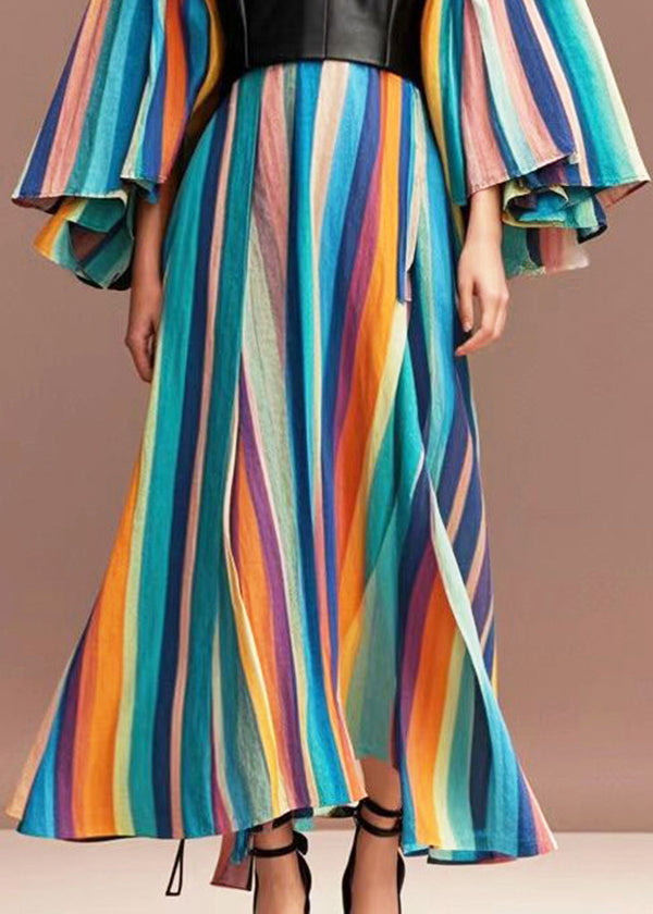 Boho Rainbow Striped Patchwork PU Cotton Maxi Dresses Flare Sleeve