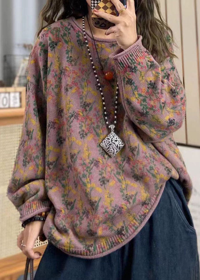 Boho Red O Neck Print Cotton Knit Loose Sweaters Top Spring