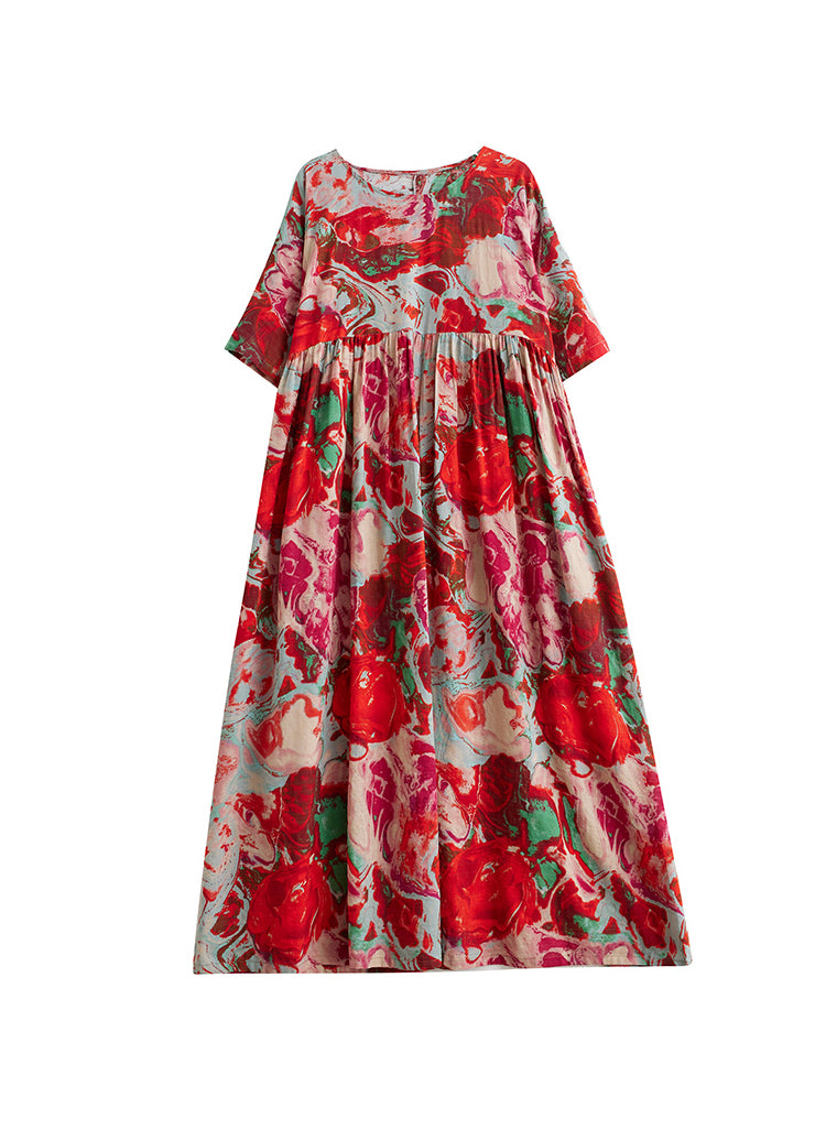 Boho Red O Neck Print Wrinkled Cotton Vacation Dresses Summer