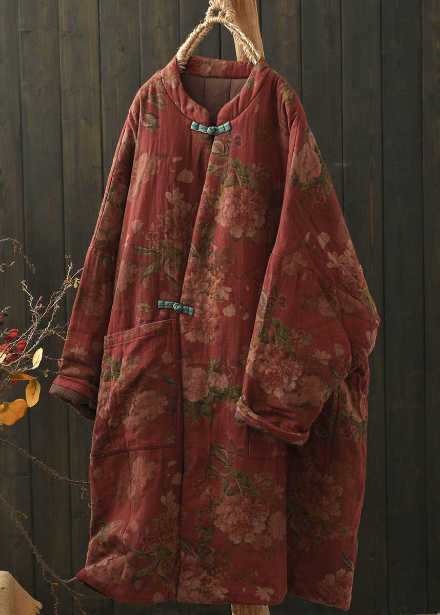 Boho Red Pockets Print Oriental Button Fine Cotton Filled Coat Winter