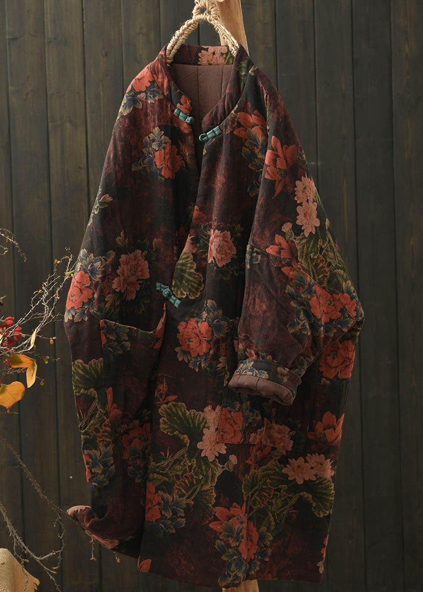 Boho Red Pockets Print Oriental Button Fine Cotton Filled Coat Winter