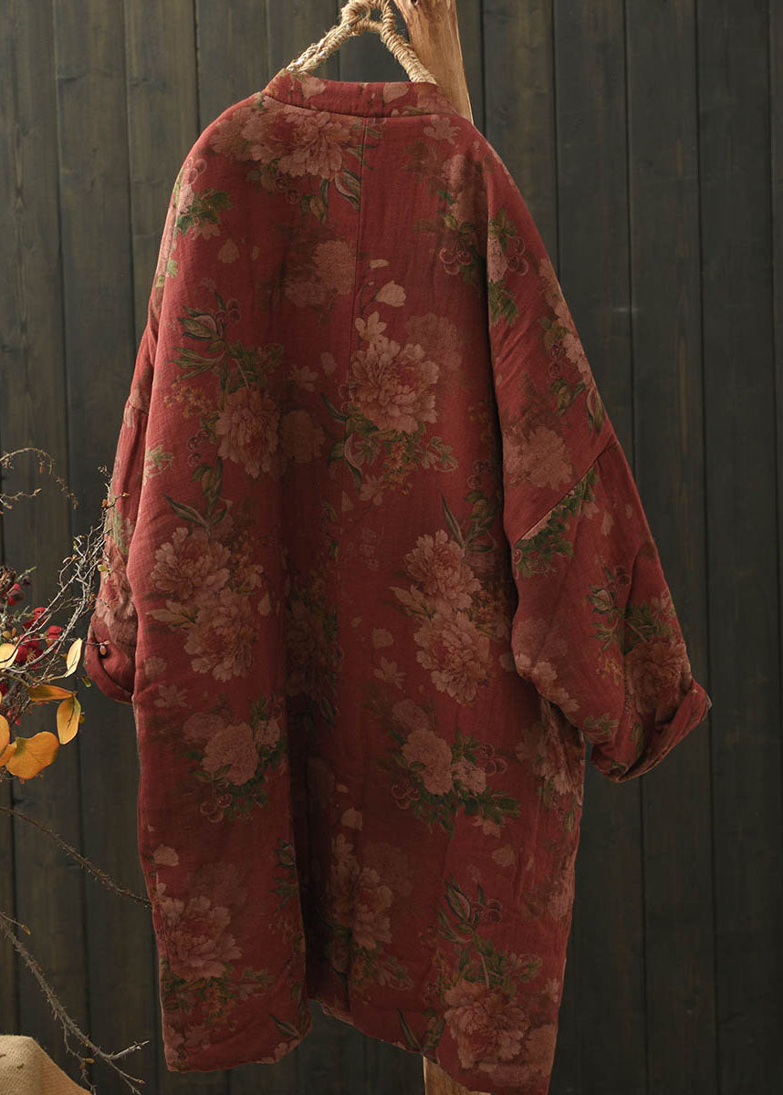 Boho Red Pockets Print Oriental Button Fine Cotton Filled Coat Winter