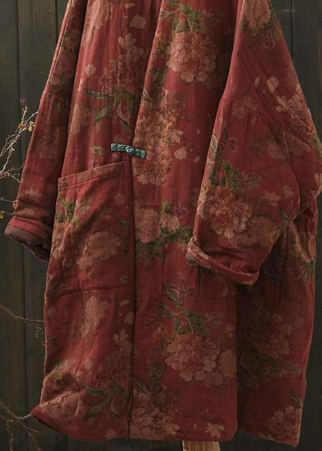 Boho Red Pockets Print Oriental Button Fine Cotton Filled Coat Winter