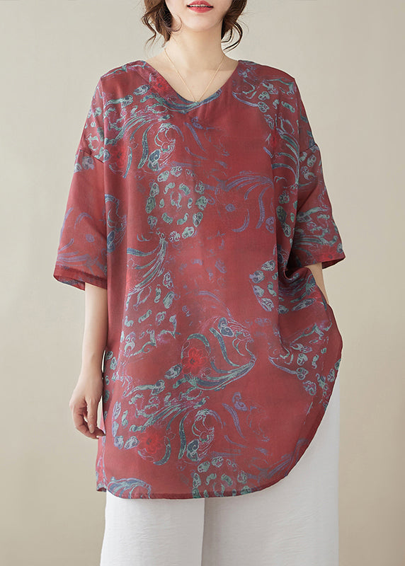 Boho Red Print Linen Tops Half Sleeve