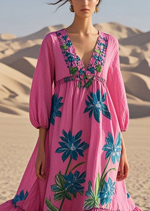 Boho Rose Oversized Print Cotton Maxi Dresses Bracelet Sleeve