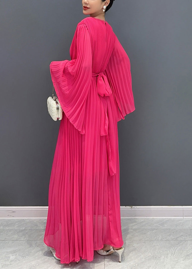 Boho Rose Wrinkled Tie Waist Chiffon Maxi Dresses Flare Sleeve