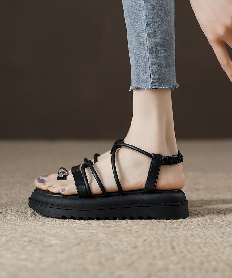 Boho Splicing Platform Sandals Black Cowhide Leather Peep Toe