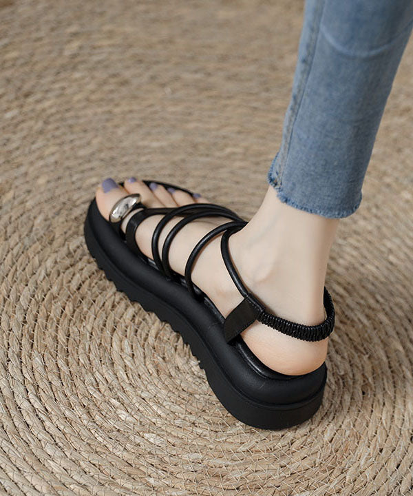 Boho Splicing Platform Sandals Black Cowhide Leather Peep Toe