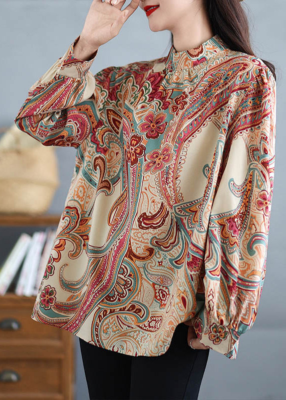 Boho Stand Collar Print Plus Size Cotton Shirt Tops Fall